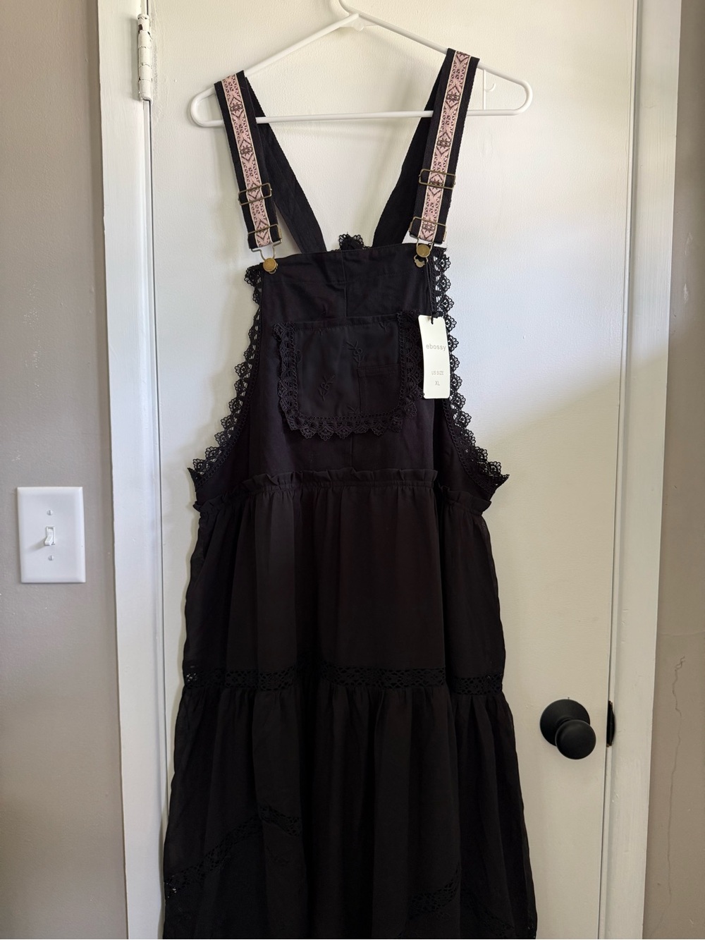 EBossy Black Lace-Trim Pinafore Dress with Pink Suspender Strap, Size XL